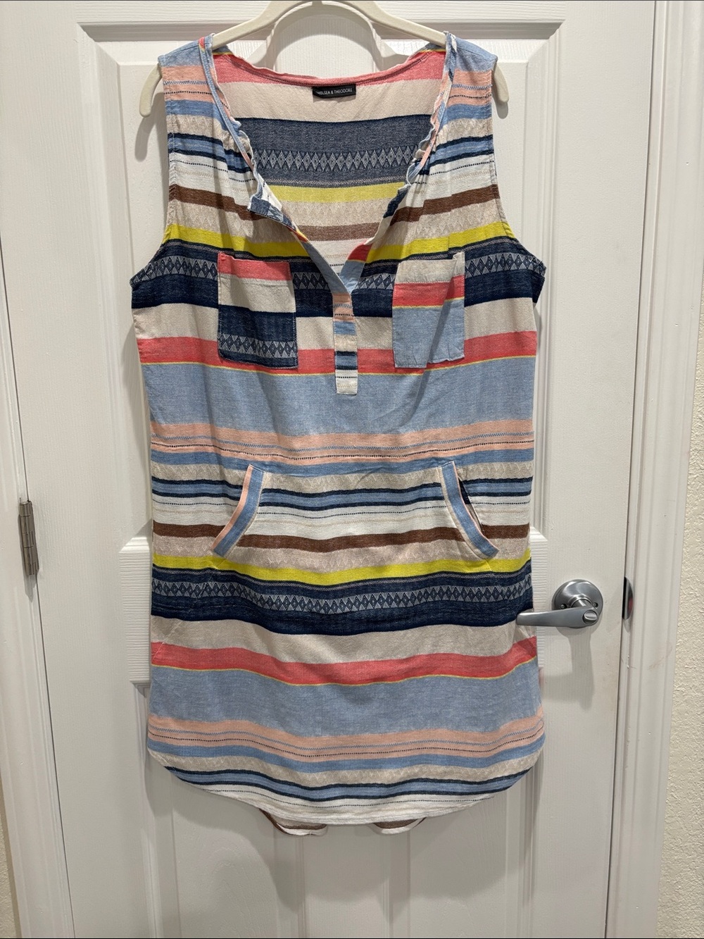 Chelsea & Theodore Striped Multi-Color Dress Cotton/Linen Pockets Size Large